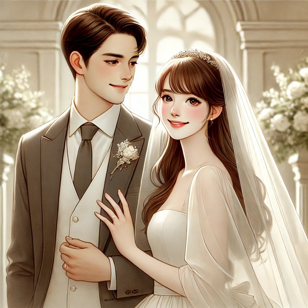 DALL·E 2025-12-08 13.40.13 - A beautiful and elegant wedding scene featuring a bride and groom on their wedding day. The couple stands close together, smiling happily and looking .jpg