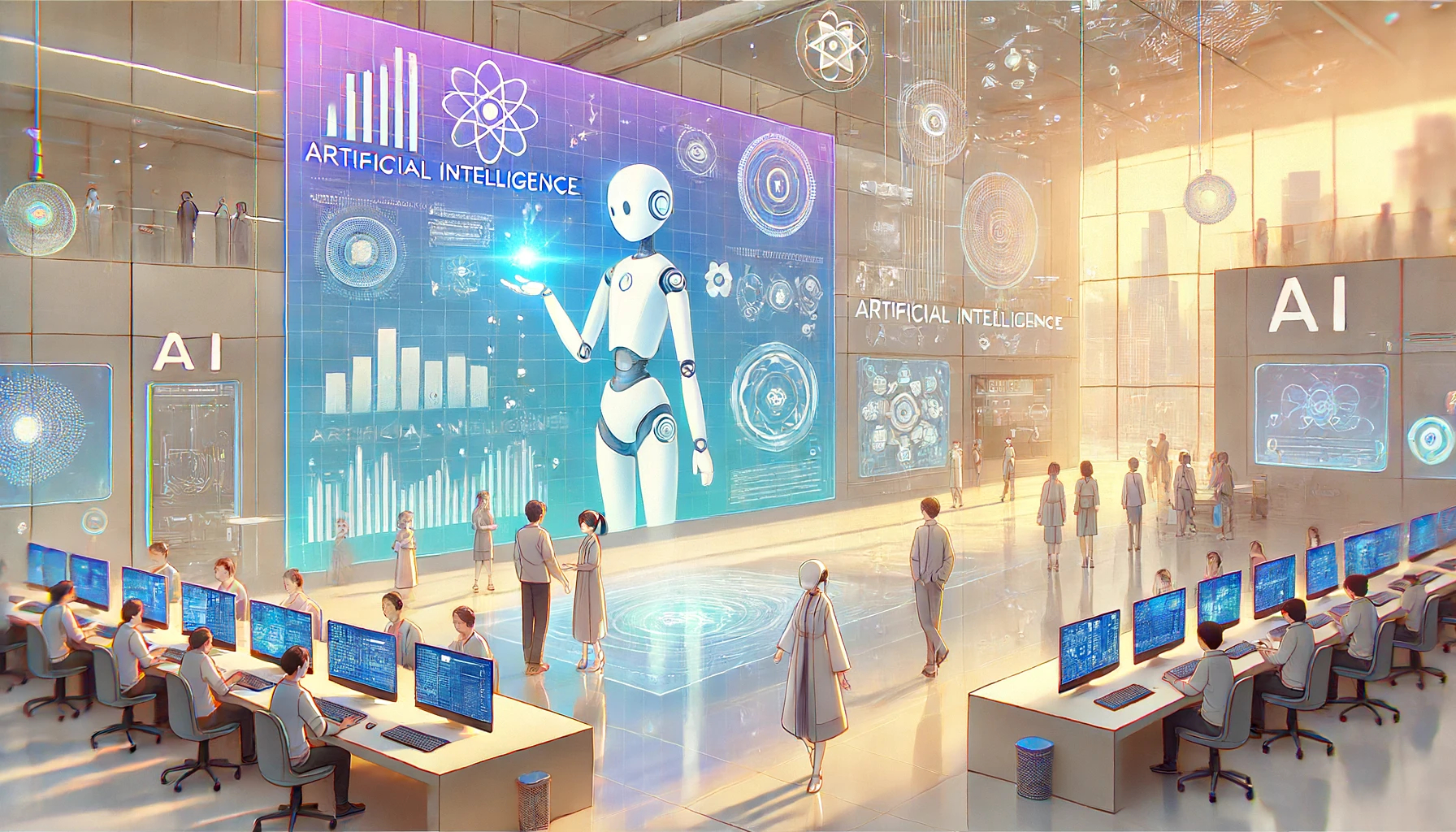 DALL·E 2024-06-14 12.37.08 - A wide image depicting the concept of artificial intelligence (AI) in an anime style with a gentle touch. The background features a futuristic, modern.jpg