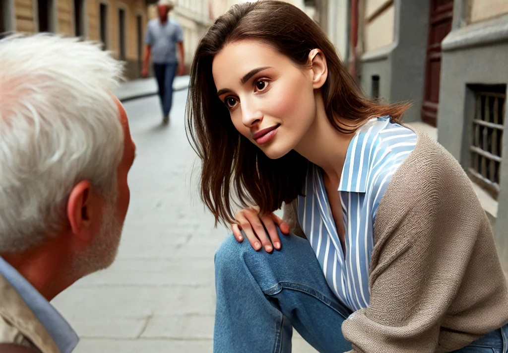 DALL·E 2025-06-10 14.48.45 - A kind-looking modern woman kneels or sits on the ground to talk eye-to-eye with an elderly man who has collapsed or is sitting weakly on the sidewalk.jpg