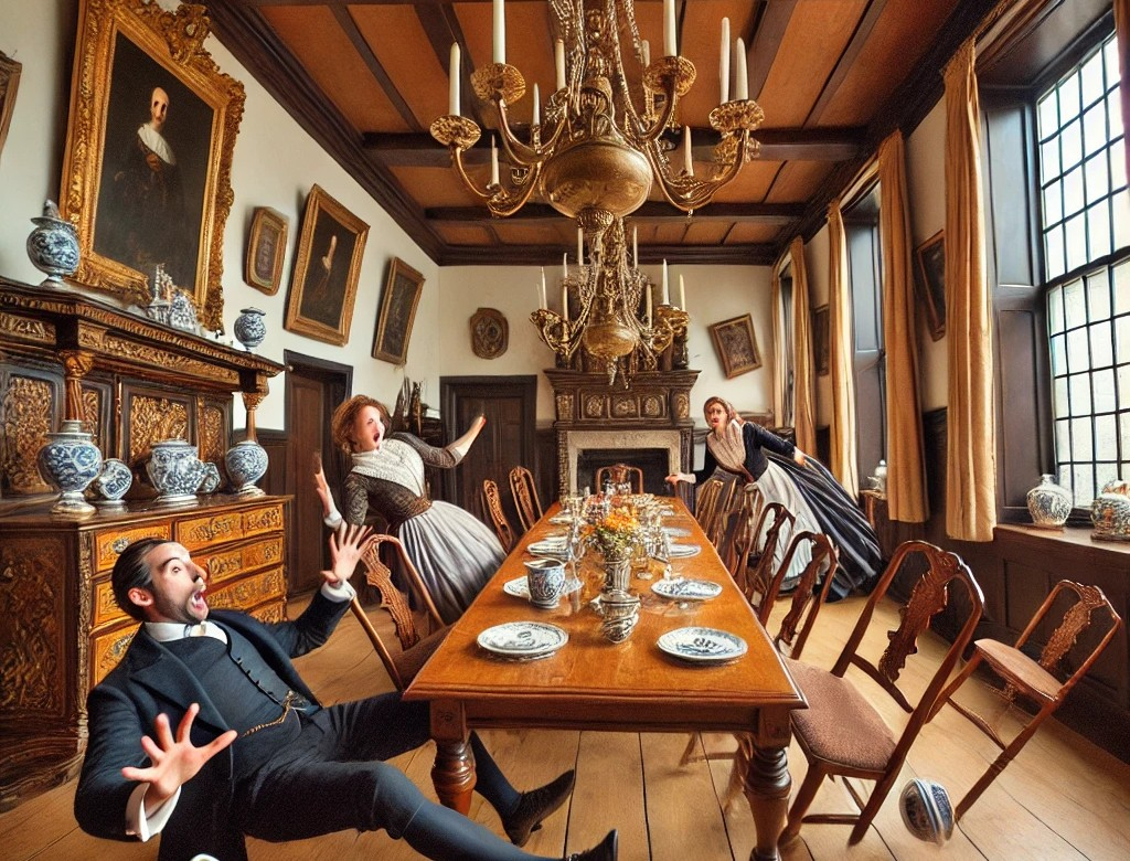 DALL·E 2025-04-21 05.48.06 - Inside a Dutch castle dining room that is slightly leaning, with antique wooden furniture and traditional Dutch design. The entire room is tilted, cau.jpg