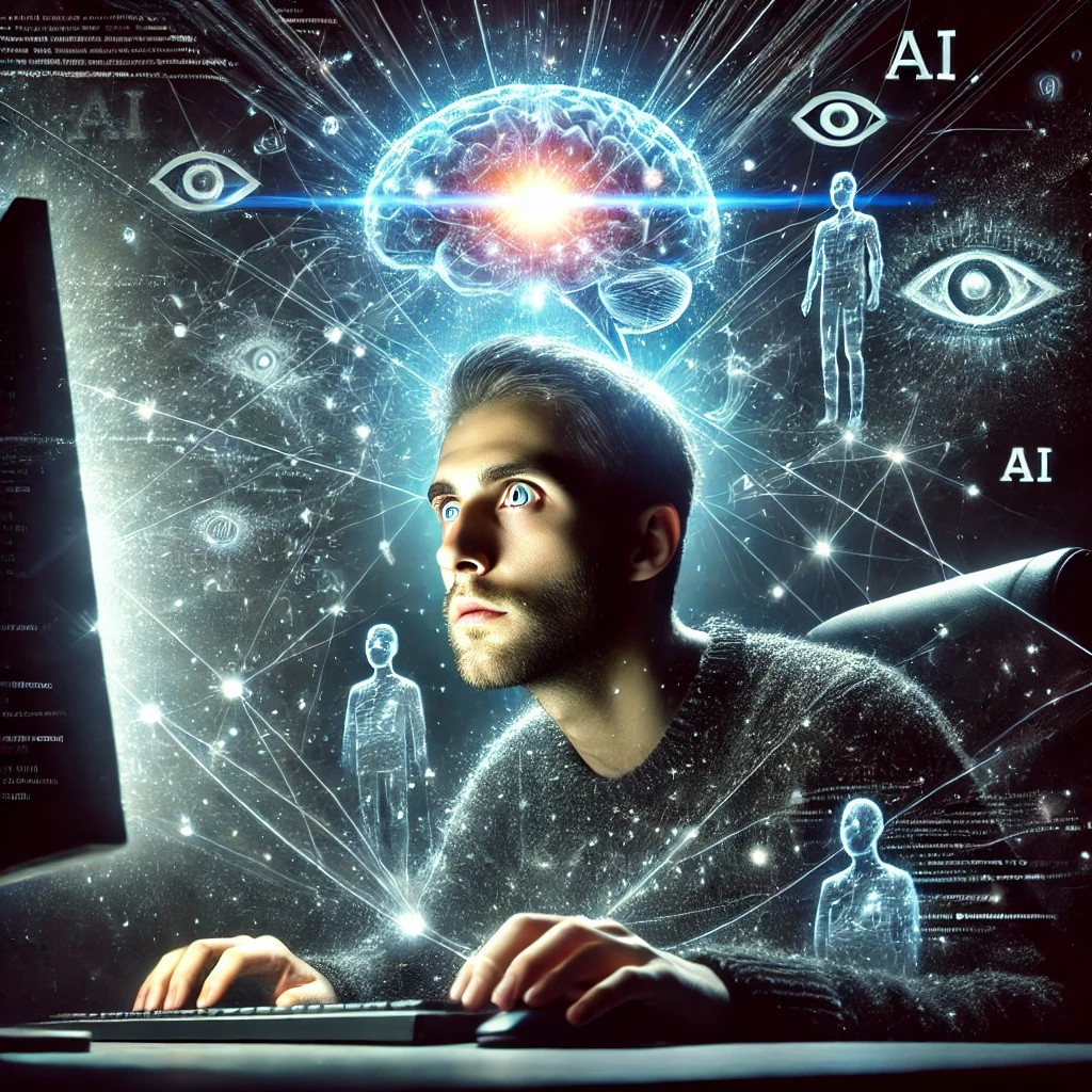 DALL·E 2025-07-17 20.37.04 - A surreal and symbolic image of a man completely captivated by AI. The man is sitting in a dark room, his face illuminated by the glow of a computer s.jpg