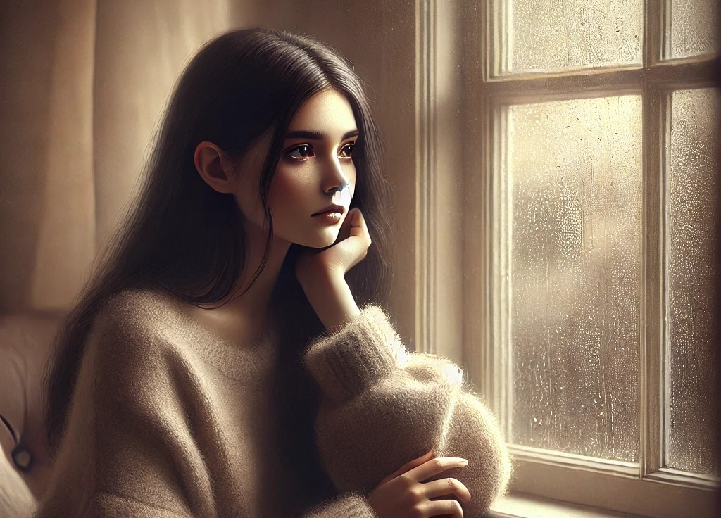 DALL·E 2025-05-19 20.17.34 - A melancholic young woman sitting alone by a window on a rainy day. She has long, dark hair and is wearing a soft, oversized sweater. She looks though.jpg