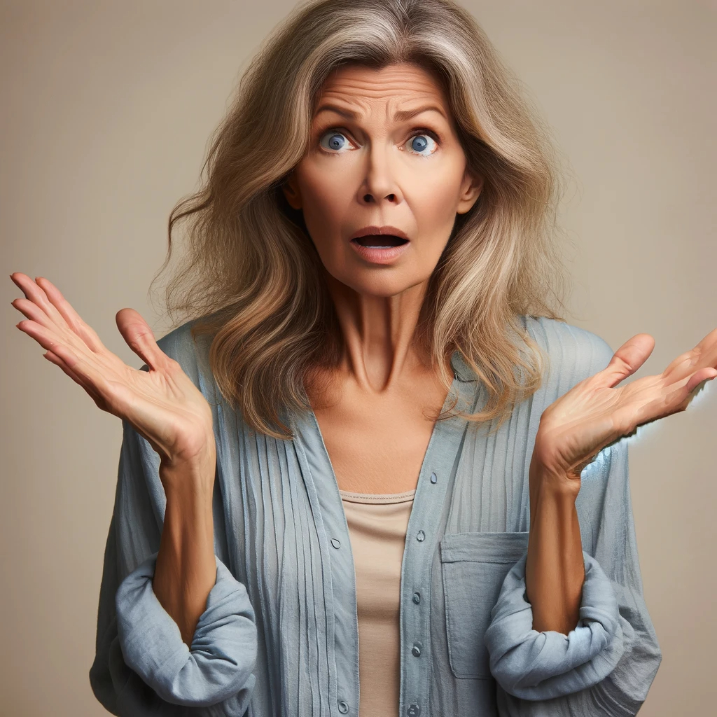 DALL·E 2024-02-14 10.36.29 - An image of an American middle-aged woman making a 'why' gesture, with her arms raised and palms facing up, in a questioning manner, but with a more p.png