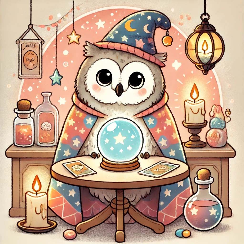 DALL·E 2024-10-24 09.25.13 - A cute and whimsical illustration of an animal fortune teller, featuring a wise, round owl wearing a colorful, starry cloak and a tiny pointed hat, si.jpeg