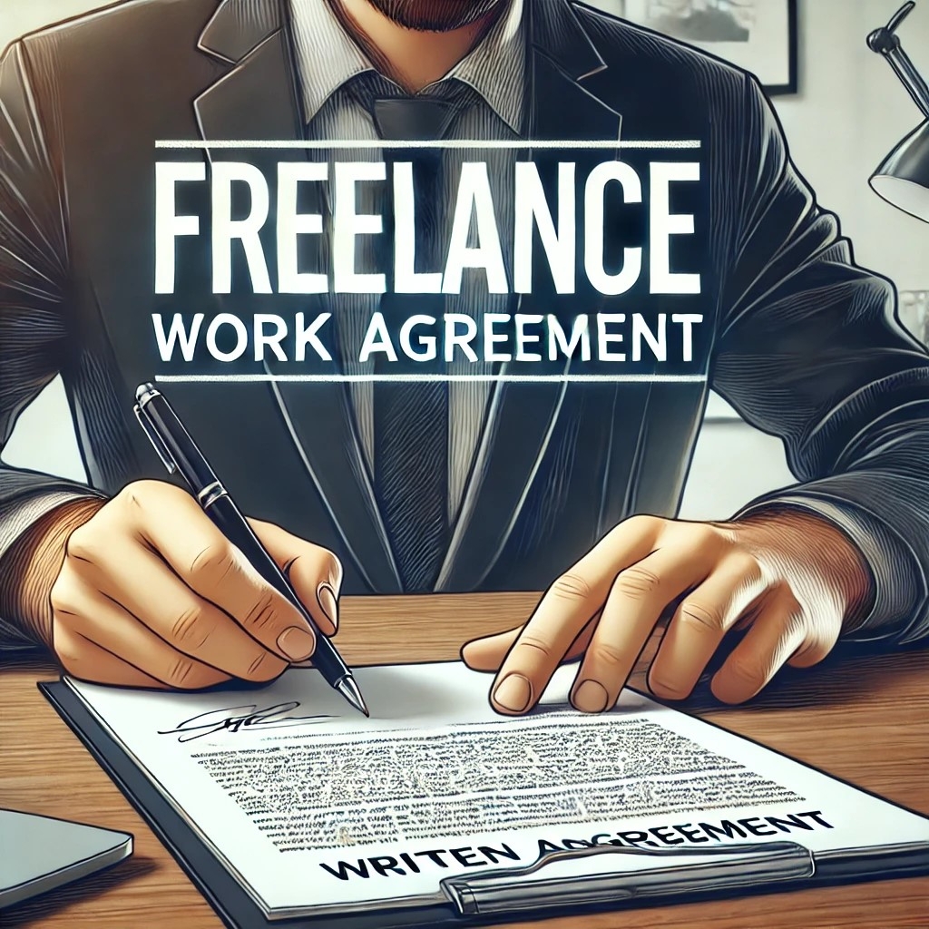 DALL·E 2024-10-21 12.55.00 - An illustration of a businessperson signing a contract labeled 'Freelance Work Agreement' with a pen, highlighting the new requirement for written agr.jpeg