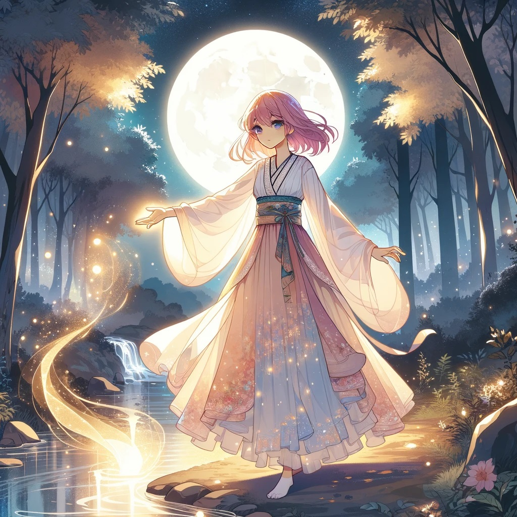 DALL·E 2025-02-16 19.33.29 - A beautiful anime-style illustration of a young woman with pink hair standing in a serene, glowing forest. She wears a flowing, ethereal dress, symbol.jpg