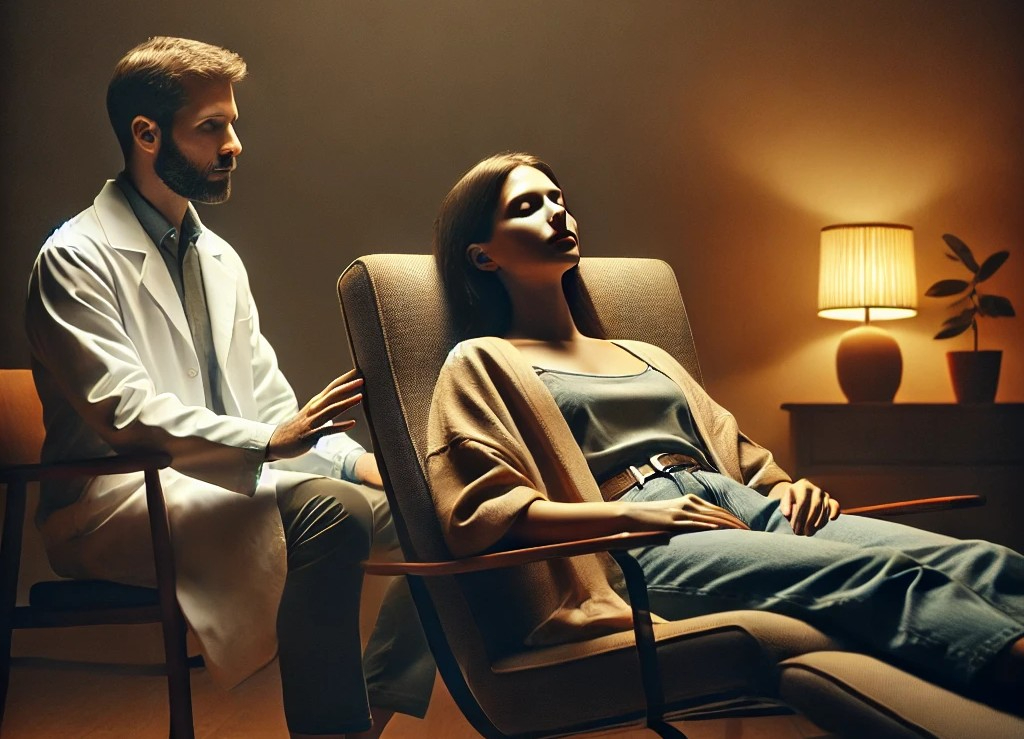 DALL·E 2025-05-06 19.24.45 - A realistic and atmospheric scene set in a dimly lit room where a hypnotic therapy session is taking place. A calm, professional-looking therapist or .jpg