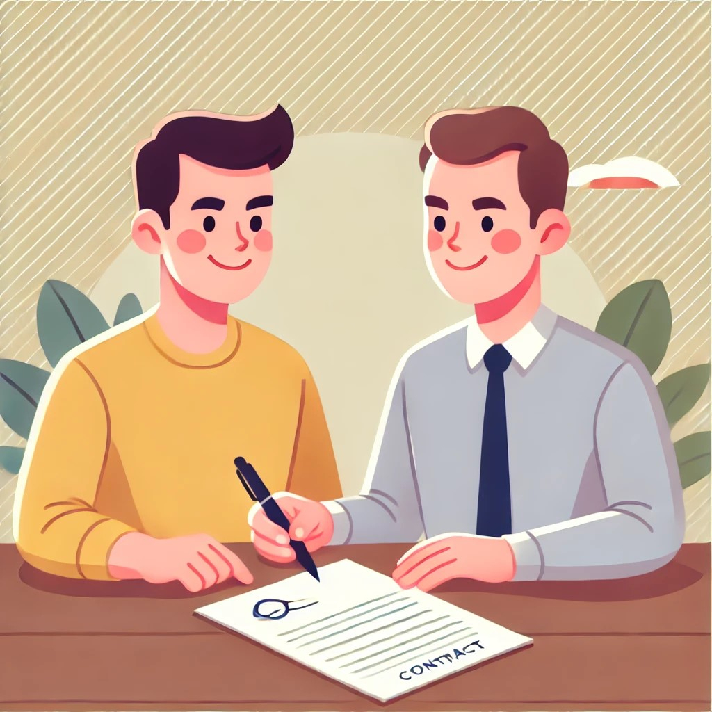 DALL·E 2024-10-25 17.55.34 - An illustration of two friends or colleagues signing a business contract at a table, with a friendly atmosphere, symbolizing trust and agreement. The .jpeg