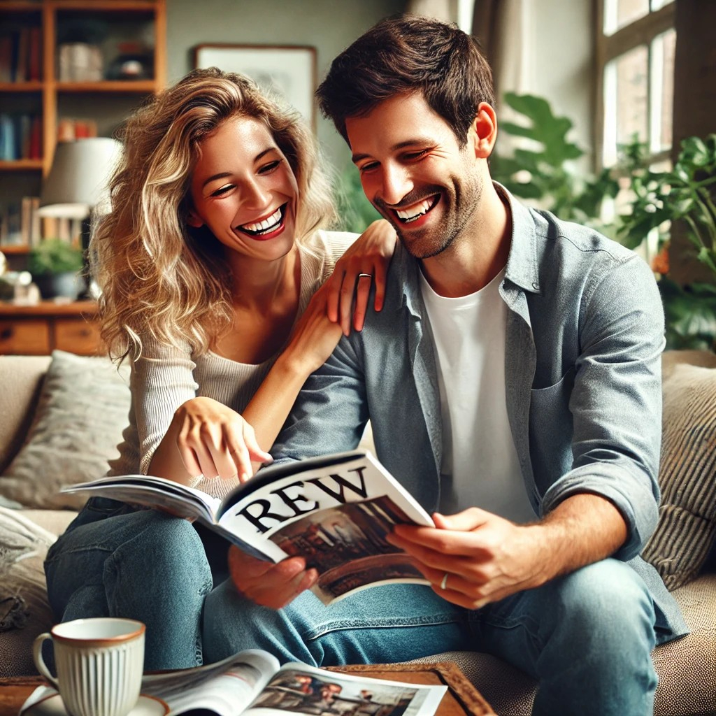 DALL·E 2025-07-11 12.02.46 - A joyful married couple reading a magazine together in their cozy living room. The magazine is open to a page featuring an article written by one of t.jpg