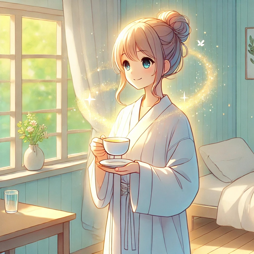 DALL·E 2025-03-22 13.54.18 - An anime-style illustration of a young woman practicing daily spiritual energy cleansing. She is standing in a peaceful morning setting, holding a cup.jpg