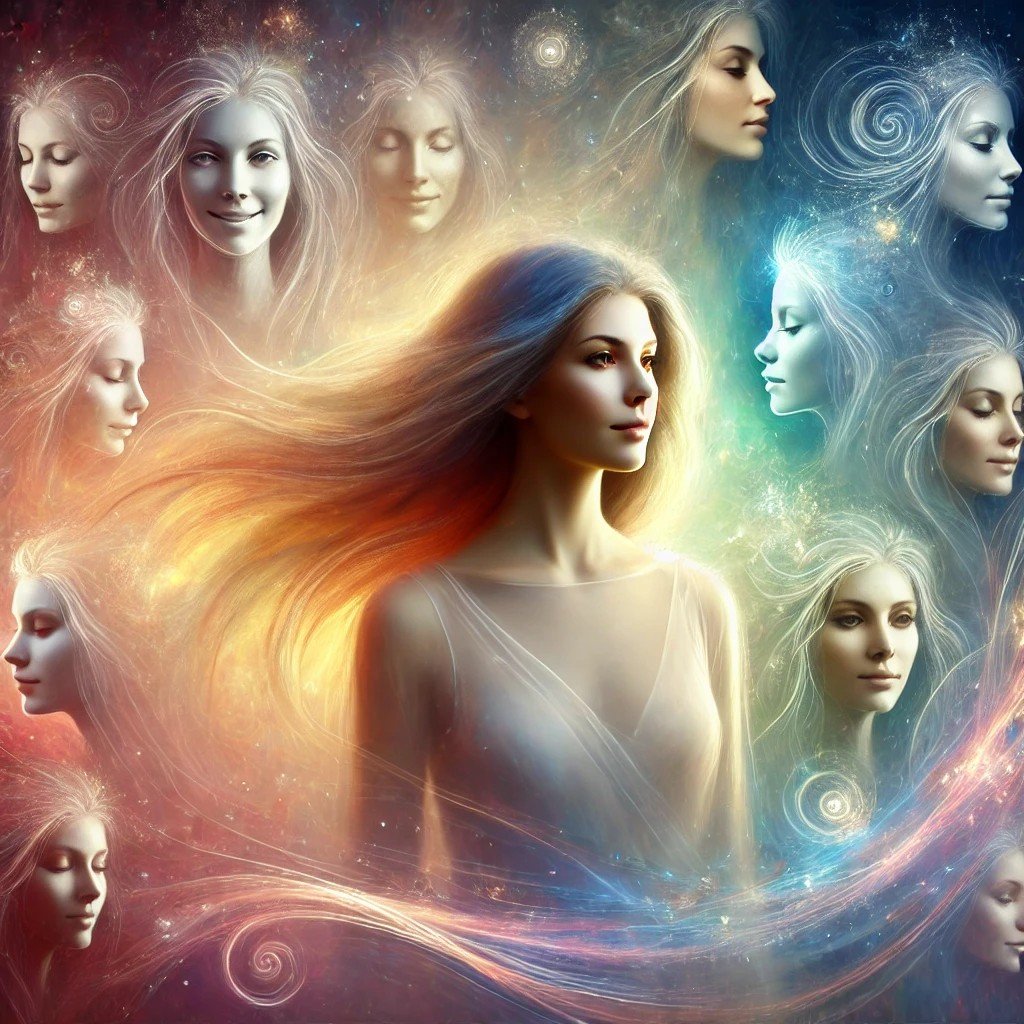 DALL·E 2025-07-17 20.18.29 - A beautiful and surreal image of a single woman with multiple personalities, shown in an elegant and dreamy way. The woman stands calmly in the center.jpg