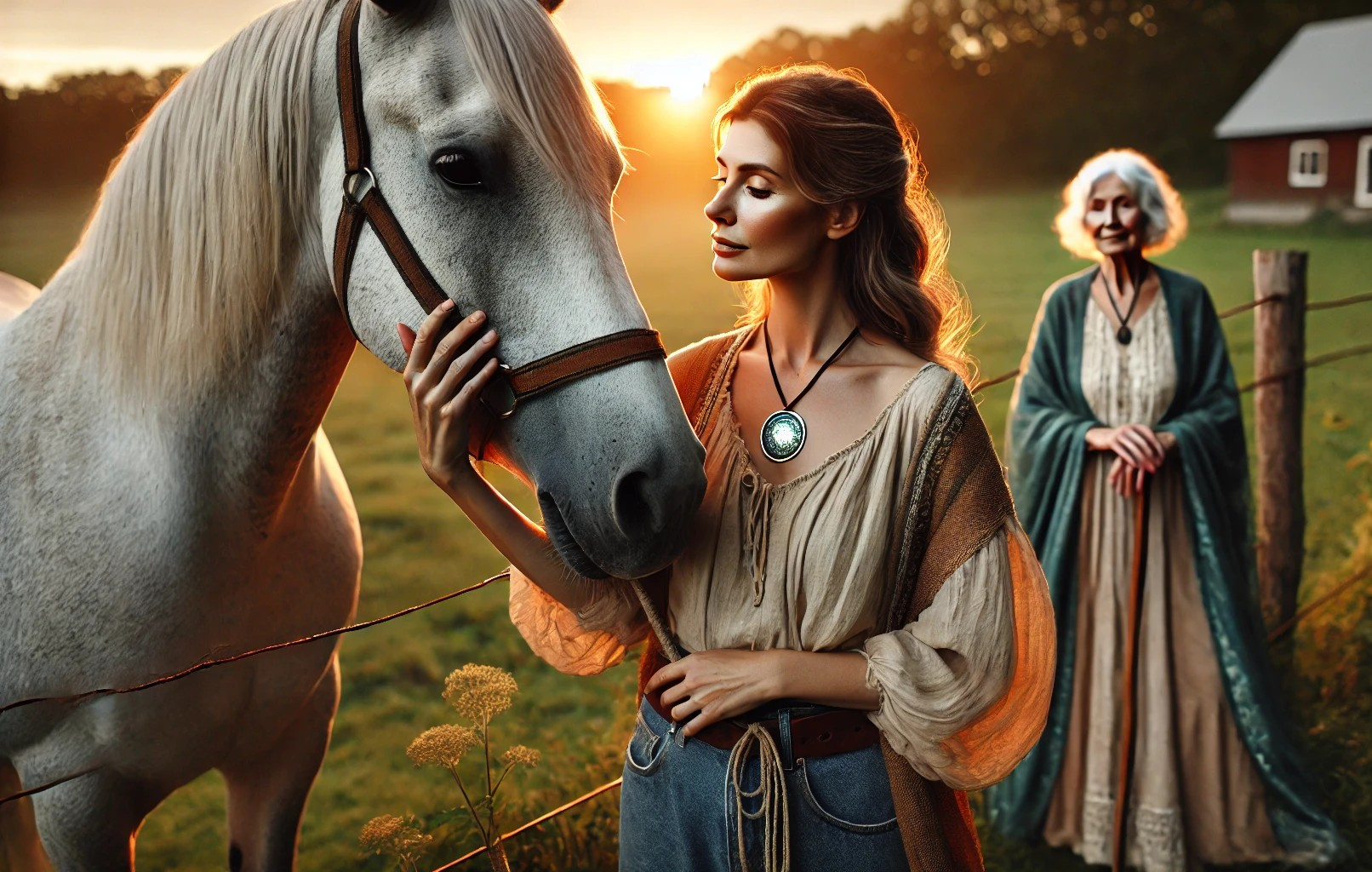 DALL·E 2025-07-08 21.24.26 - A peaceful rural ranch scene at sunset, where a serene woman in her 50s gently interacts with a horse. She has a calm, nurturing expression, standing .jpg