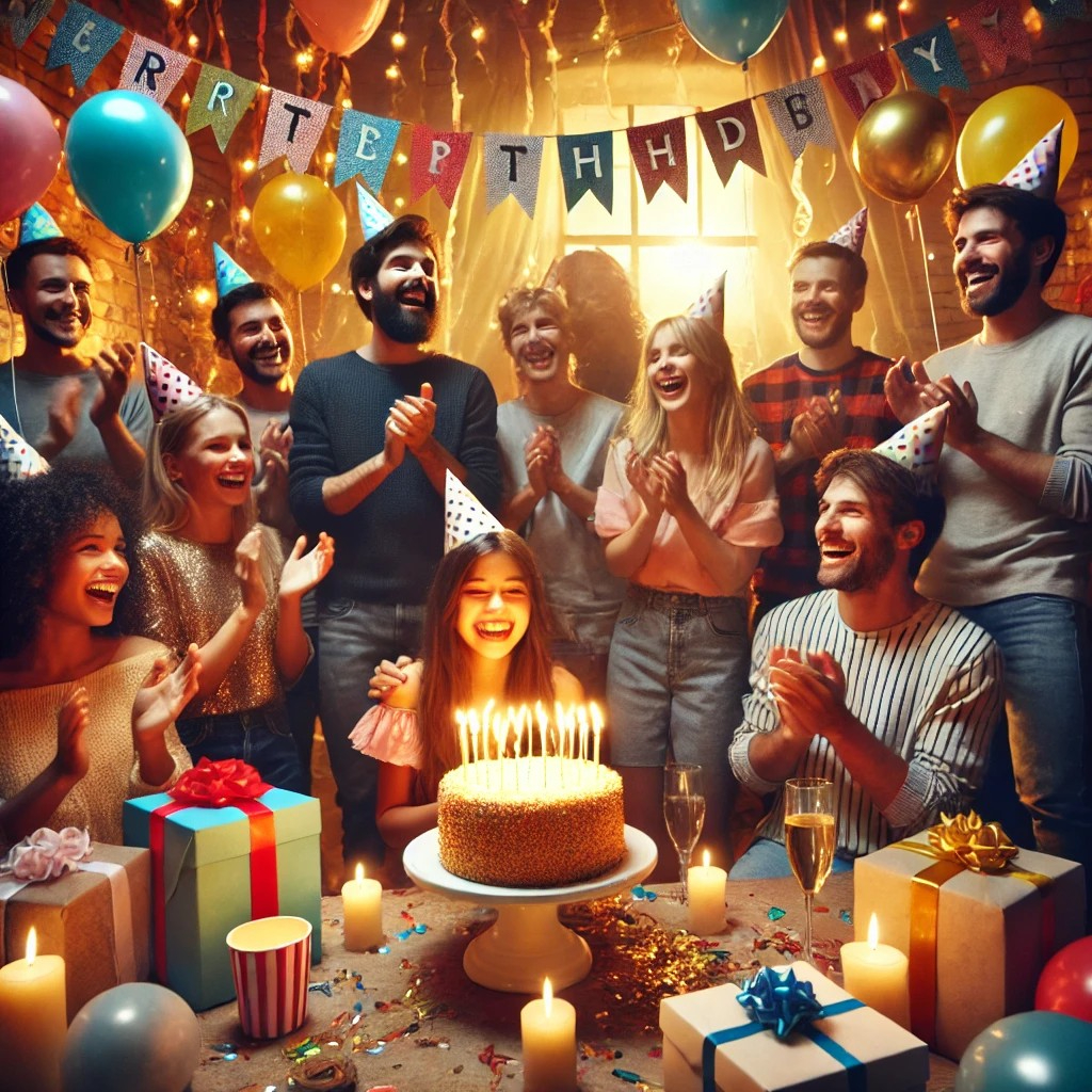 DALL·E 2025-07-15 12.18.39 - A joyful birthday party scene with friends and family celebrating together. A decorated room is filled with colorful balloons, banners, and streamers.jpg