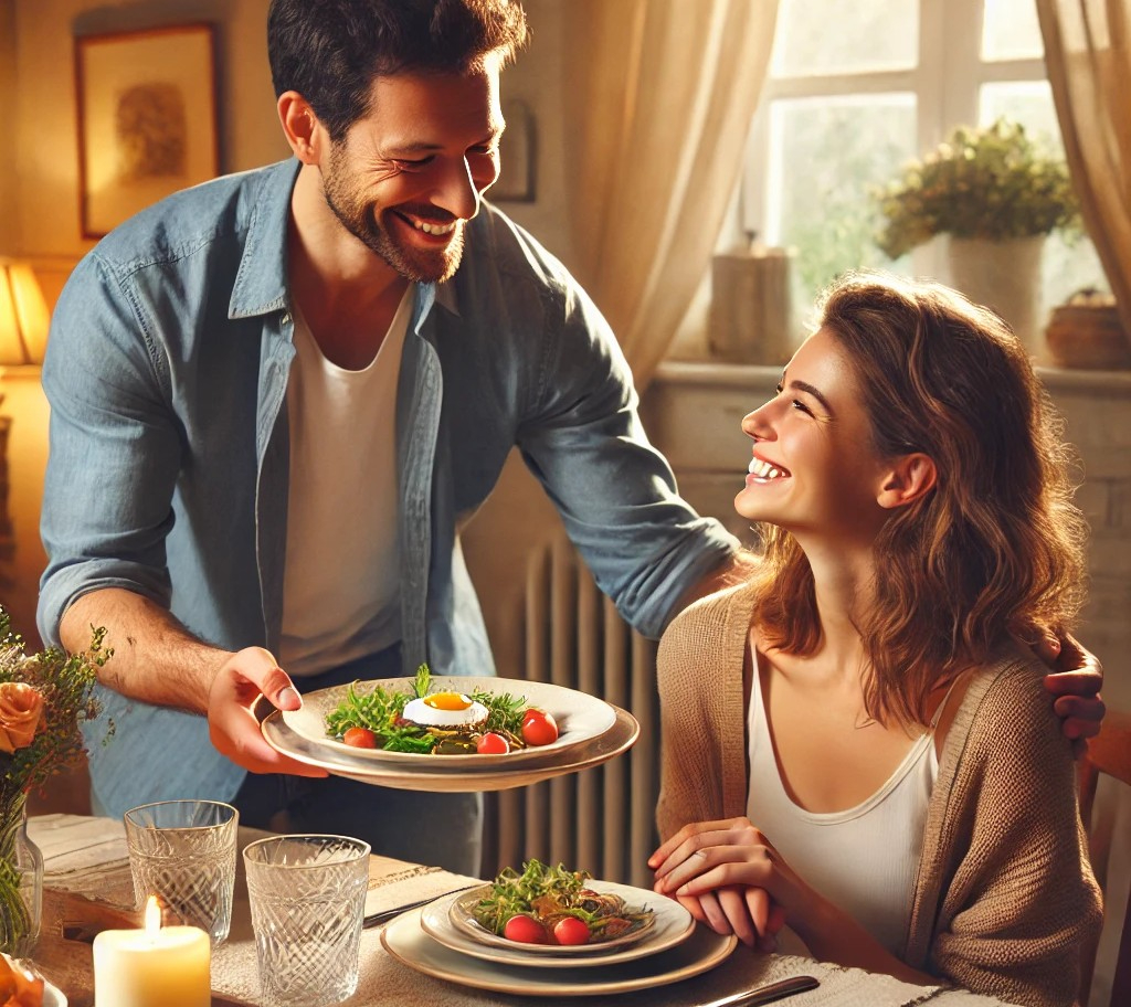 DALL·E 2025-07-31 14.34.36 - A warm and charming scene of a man serving a delicious meal to a woman. The man is smiling as he sets a beautifully plated dish in front of her at a c.jpg
