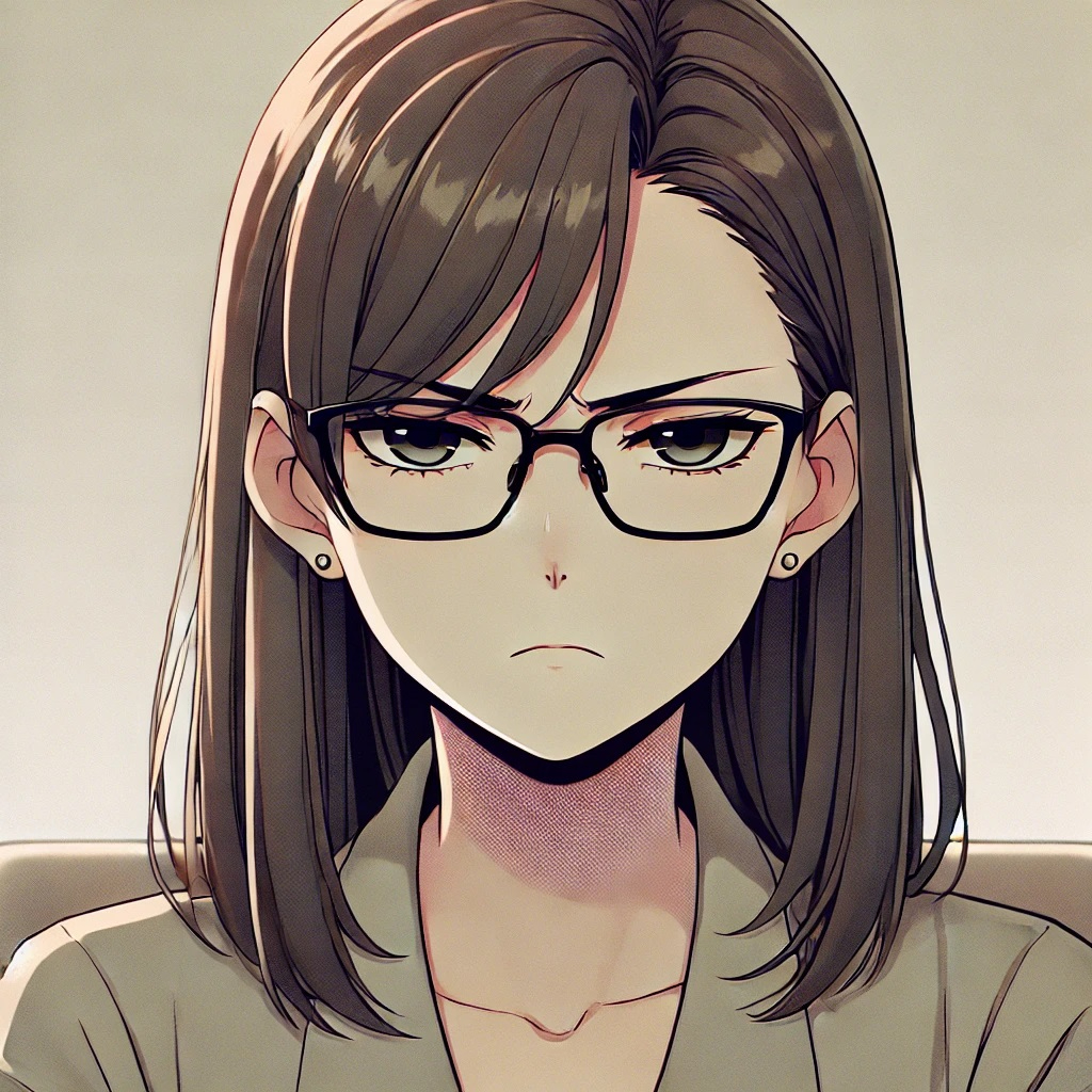 DALL·E 2024-12-05 20.56.10 - A stoic, bespectacled woman with an expressionless face, unable to express her anger. The scene has an anime style with a muted color palette. She has.jpg