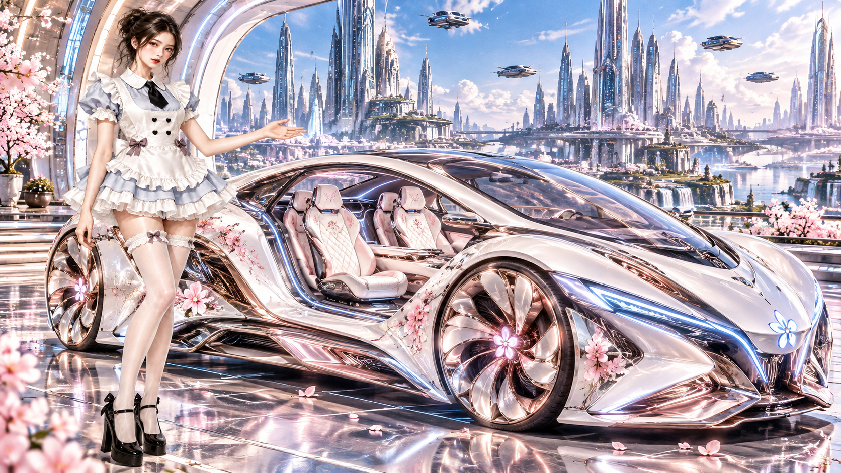 桜舞う未来都市のメイドと夢幻のコンセプトカー.png