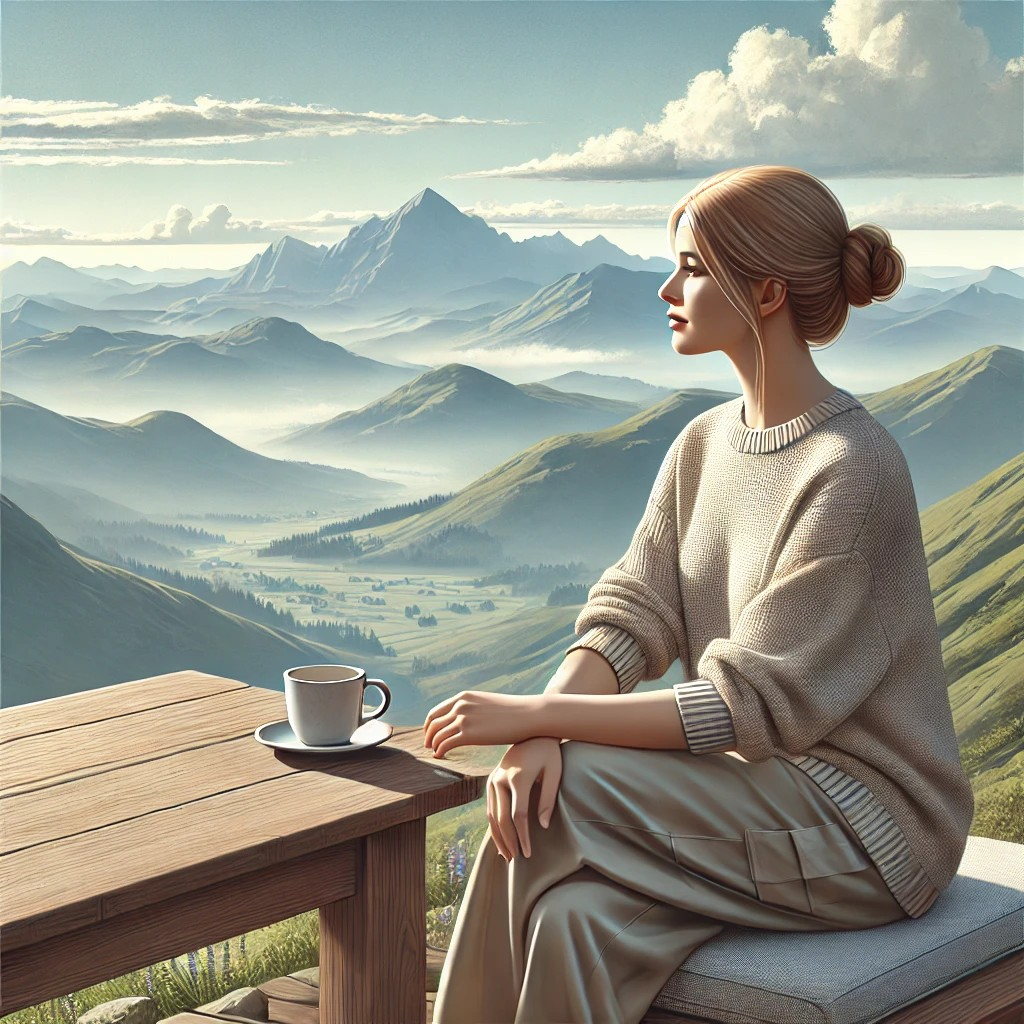 DALL·E 2025-11-26 15.44.53 - A serene illustration of a woman sitting at an outdoor café on a mountain summit, peacefully drinking coffee while enjoying the panoramic mountain vie.jpg