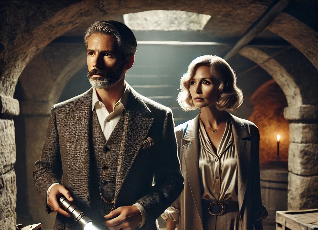 DALL·E 2025-04-29 06.36.51 - A realistic and atmospheric scene inside a medieval-style castle's underground basement. A refined and elegant couple in their 40s, dressed in casual .jpg