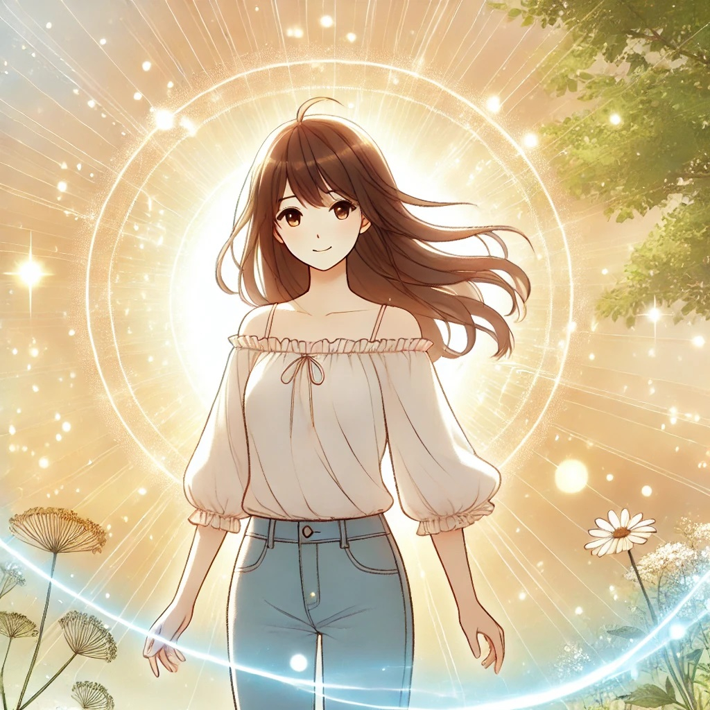 DALL·E 2025-03-09 23.10.33 - An anime-style illustration of a young woman standing in a peaceful and radiant environment, symbolizing high energy and positivity. She is bathed in .jpg