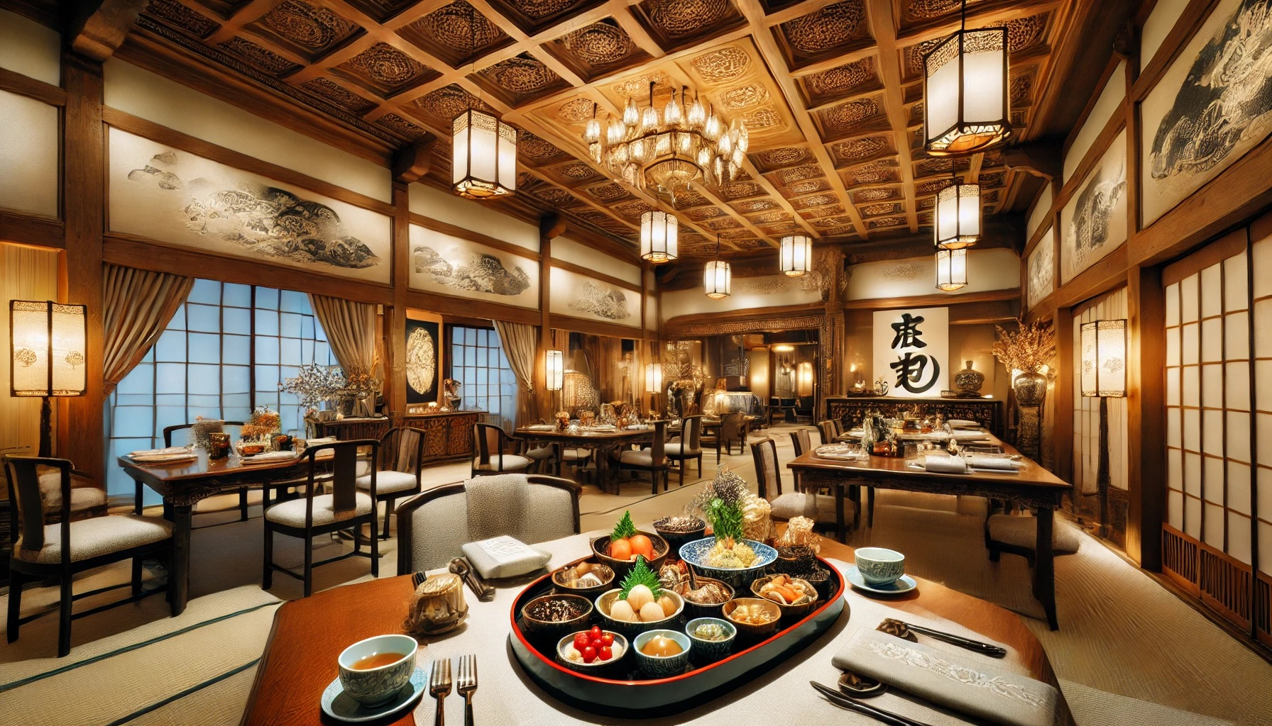 DALL·E 2024-06-26 00.00.09 - A high-quality image of a traditional Japanese restaurant named '越後割烹 柳川' in Niigata, with elegant interior design and beautifully arranged dishes on .jpeg