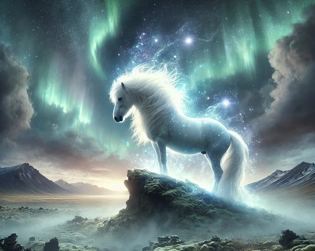 DALL·E 2025-06-03 18.46.41 - A mystical depiction of the Icelandic 'spirit horse' (holy ghost horse) in a dramatic natural landscape. The horse, with a flowing white mane and powe.jpg