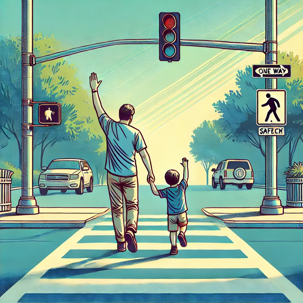 DALL·E 2025-01-05 22.27.28 - A heartwarming illustration of a father and his young son holding hands and raising their free hands as they cross a pedestrian crosswalk together. Th.png