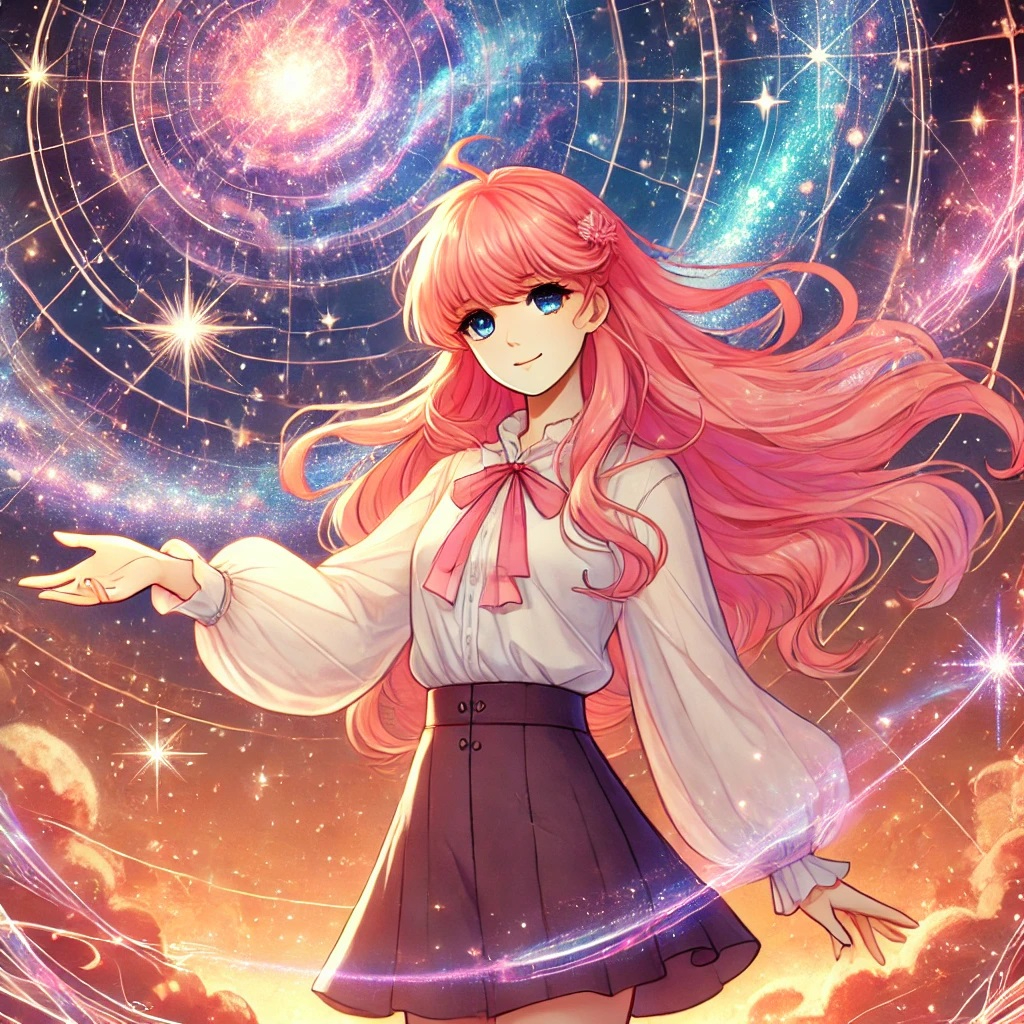 DALL·E 2025-02-26 05.54.52 - An anime-style illustration of a young woman with flowing pink hair standing confidently in a glowing cosmic landscape. She reaches out toward the uni.jpg
