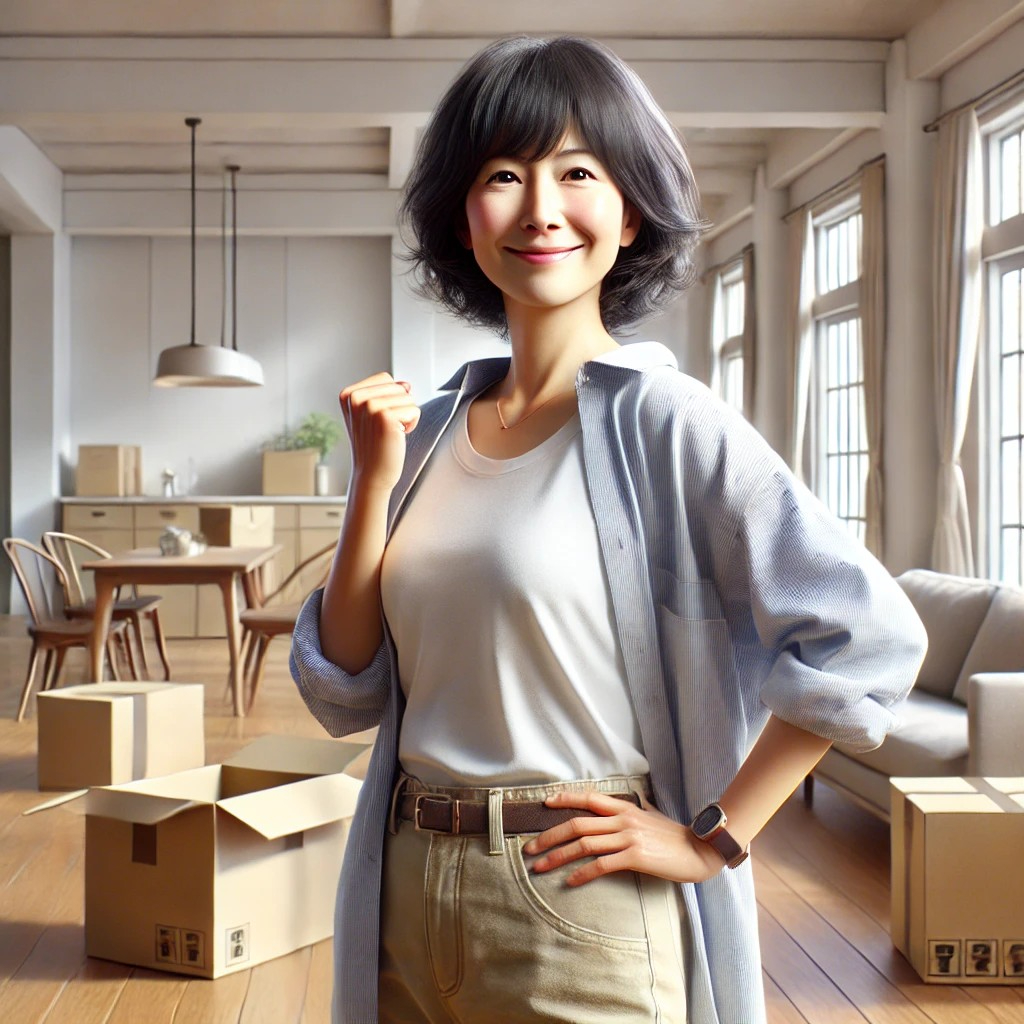 DALL·E 2025-09-04 14.09.11 - A photorealistic image of a Japanese woman in her 50s, dressed in casual Western-style clothing, standing proudly in a clean, newly moved-in apartment.jpg
