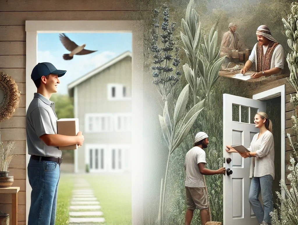 DALL·E 2025-04-30 21.48.47 - A peaceful and minimalistic scene at the doorstep of a calm, natural-style home. The door is open, revealing warm interior lighting. A person is stand.jpg