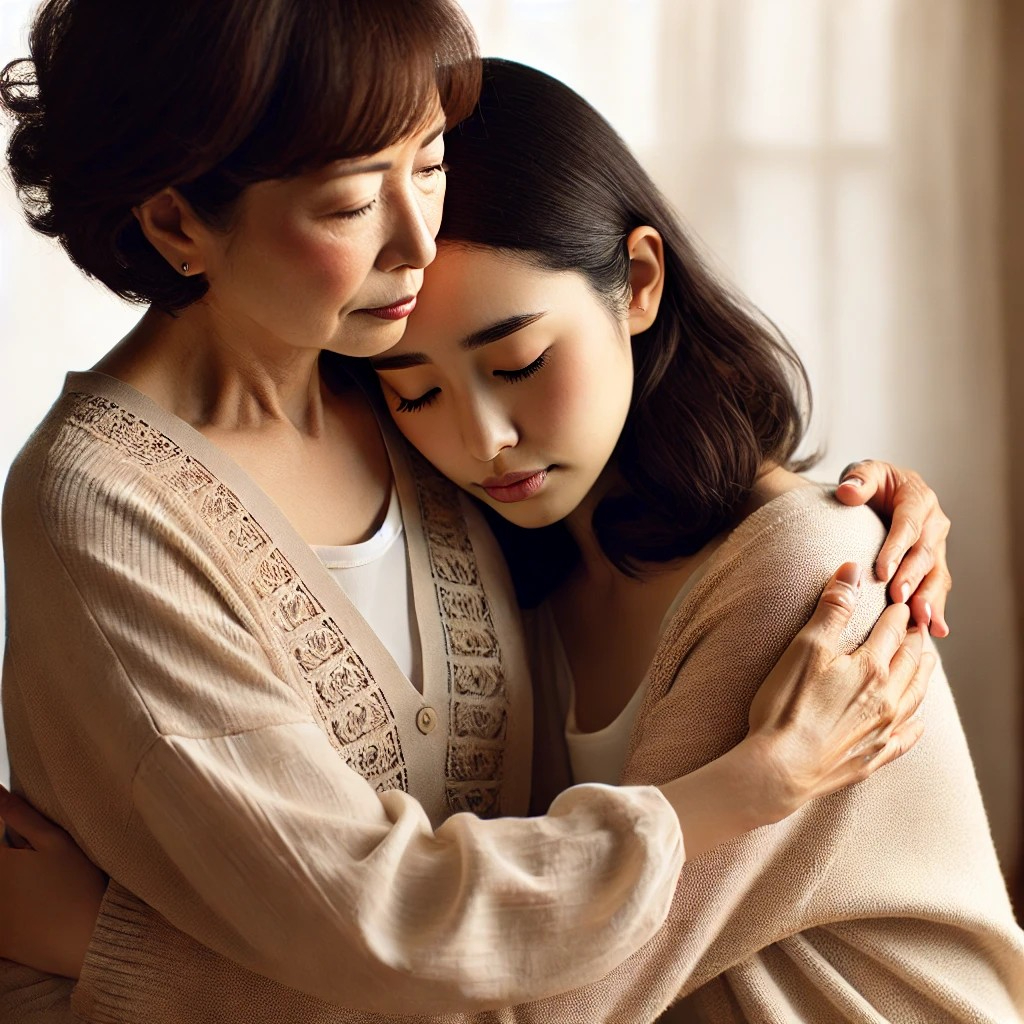 DALL·E 2025-09-23 13.01.07 - A warm and emotional image of two Japanese women in modern Western-style clothing, facing each other in a comforting embrace. The younger woman, in he.jpg