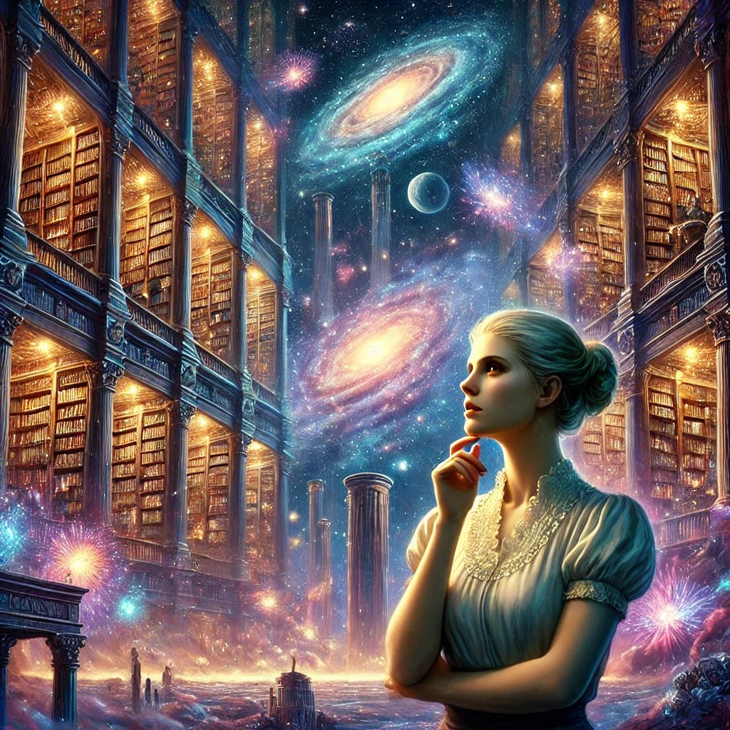 DALL·E 2025-08-15 12.45.55 - A grand, fantastical depiction of a woman searching for a memory in her mind, shown as a vast and magical cosmic library. The woman wears a modest sho.jpg