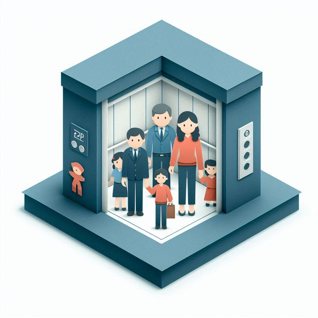 A paper-craft style illustration of an elevator with three adults and children inside, without any text in the image..png