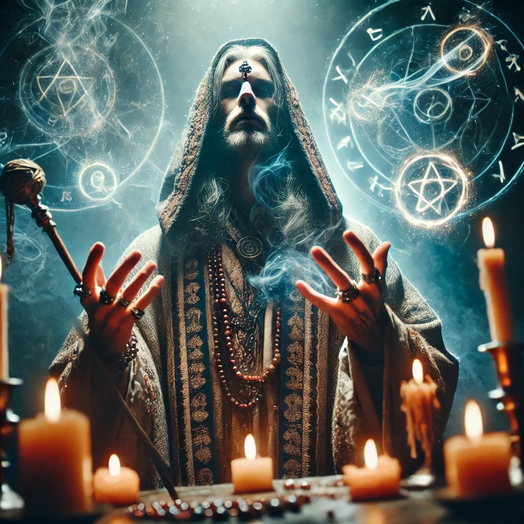 DALL·E 2025-07-12 10.51.48 - A powerful spiritual medium or psychic chanting a spell. The scene is dimly lit, mystical, and atmospheric. The medium, a person in their 40s or 50s, .jpg