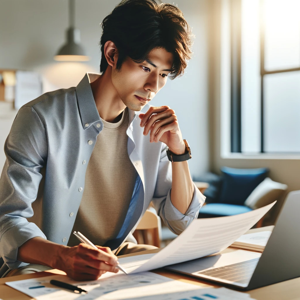 DALL·E 2024-04-03 07.54.15 - A Japanese person in a casual office setting, attentively reviewing a document with a focused and thoughtful expression. They are seated at a contempo.png