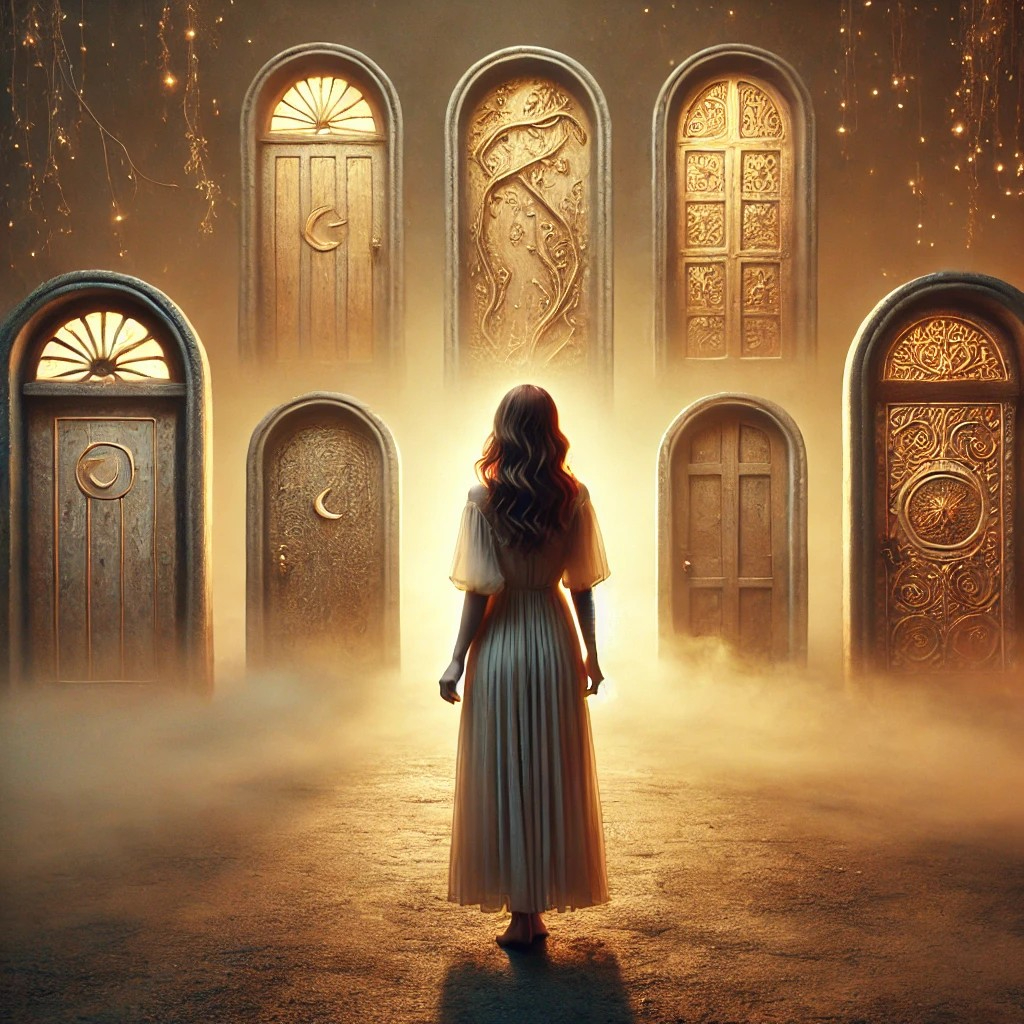 DALL·E 2025-07-11 12.00.13 - A woman in her 30s standing in front of multiple symbolic doors, each representing a different destiny. She is wearing a flowing dress, and her expres.jpg
