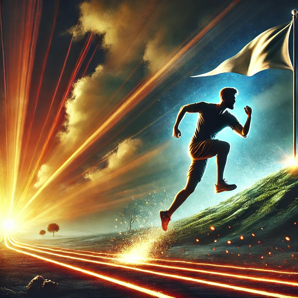 DALL·E 2025-07-12 11.37.39 - A dynamic scene of a determined person running full speed toward a distant goal marked by a flag. The flag stands proudly on top of a hill or glowing .jpg