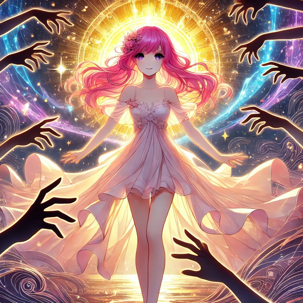 DALL·E 2025-02-15 21.06.49 - A beautiful anime-style illustration of a young woman with pink hair standing confidently in a glowing, mystical landscape. She wears a flowing, ether.jpg