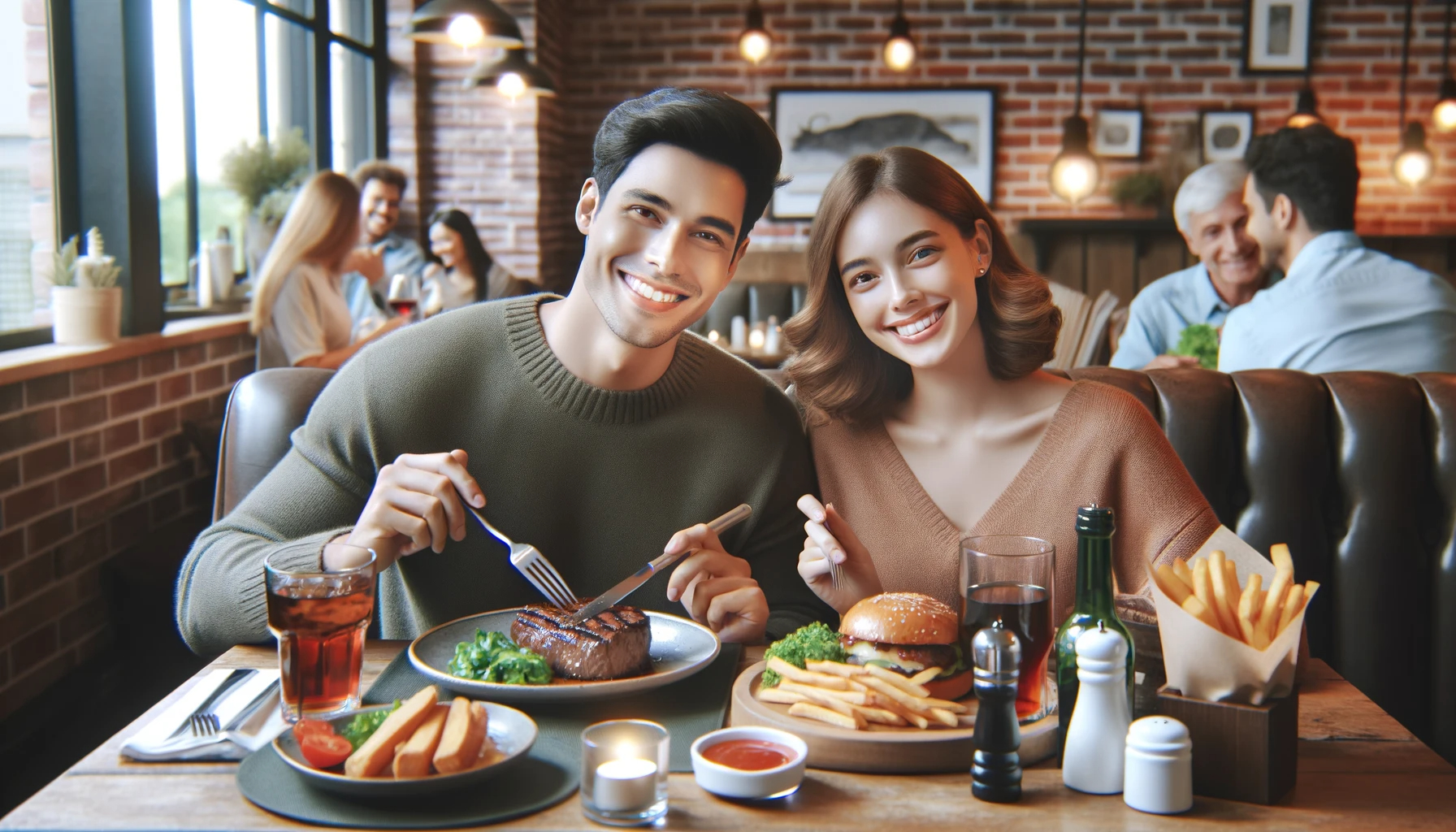 DALL·E 2024-02-01 22.49.33 - Customers enjoying a delicious steak meal, capturing their happy expressions and the cozy dining atmosphere. Realistic style, 16_9 aspect ratio.png