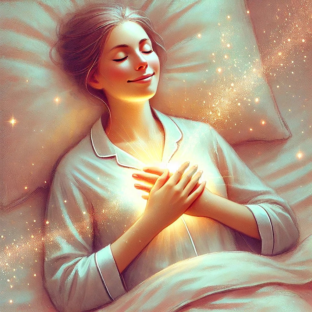 DALL·E 2025-11-02 11.46.24 - A very soft, low-saturation painterly illustration of a woman lying peacefully in bed. She wears modest, fully covering pajamas. Her eyes are closed, .jpg