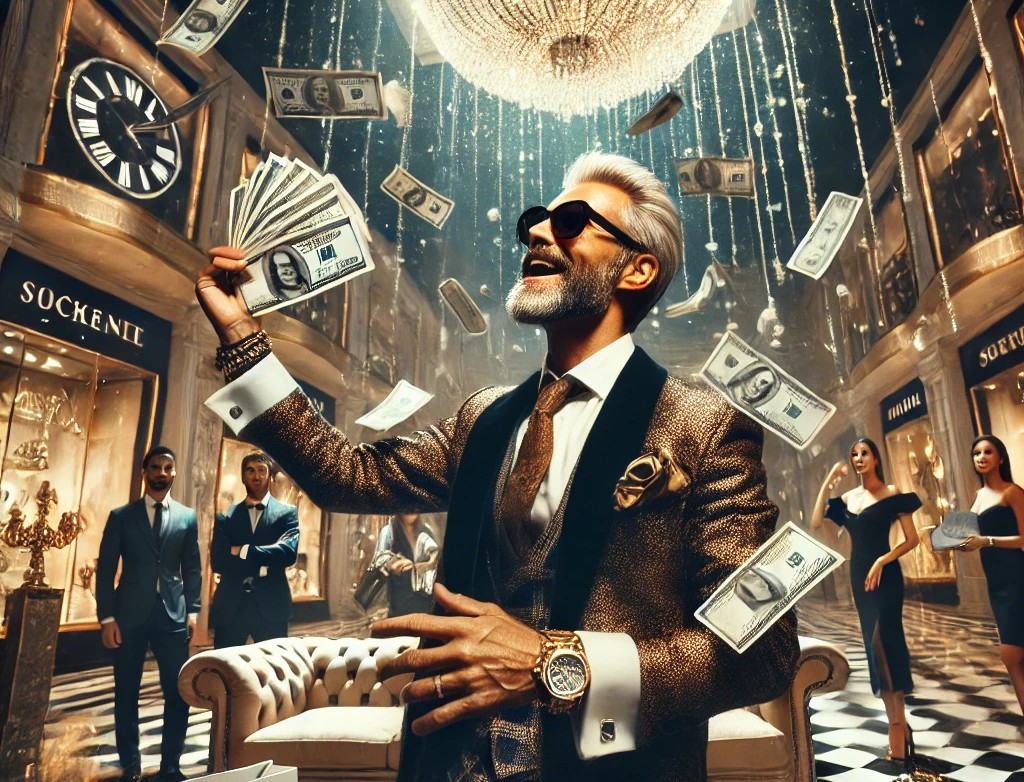 DALL·E 2025-04-17 01.59.24 - A dramatic and luxurious scene showing a wealthy man in his 50s extravagantly spending money. He is dressed in an expensive designer suit, wearing fla.jpg