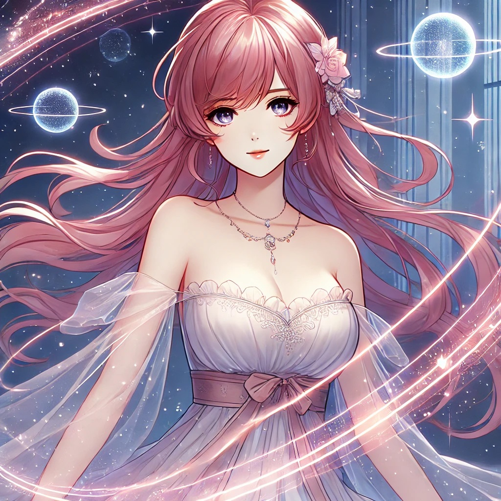 DALL·E 2025-02-08 21.12.17 - A sophisticated anime-style illustration of a young woman with elegant pink hair standing in a cosmic energy flow. She wears a flowing, ethereal dress.jpg