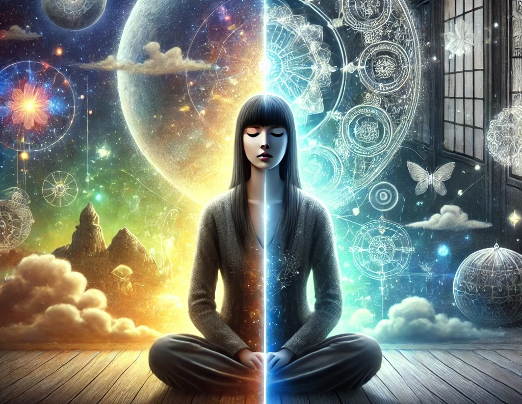 DALL·E 2025-06-03 21.52.52 - A symbolic illustration for a spiritual blog about the idea that both dreams and reality are manifestations of the subconscious. A Japanese woman in h.jpg