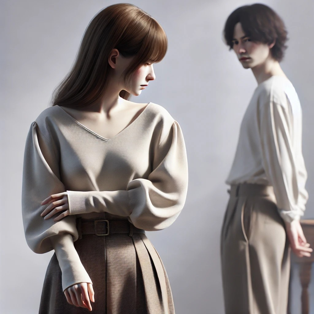 DALL·E 2025-11-28 22.52.26 - A realistic and emotionally expressive scene showing a woman slightly turning her back toward a person she feels uneasy around. The woman wears modest.jpg