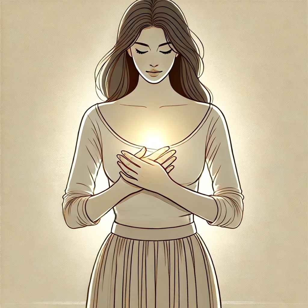 DALL·E 2025-11-19 02.24.29 - A calm woman standing with both hands gently resting over the center of her chest. She is wearing a simple, long-sleeved top that does not expose her .jpg