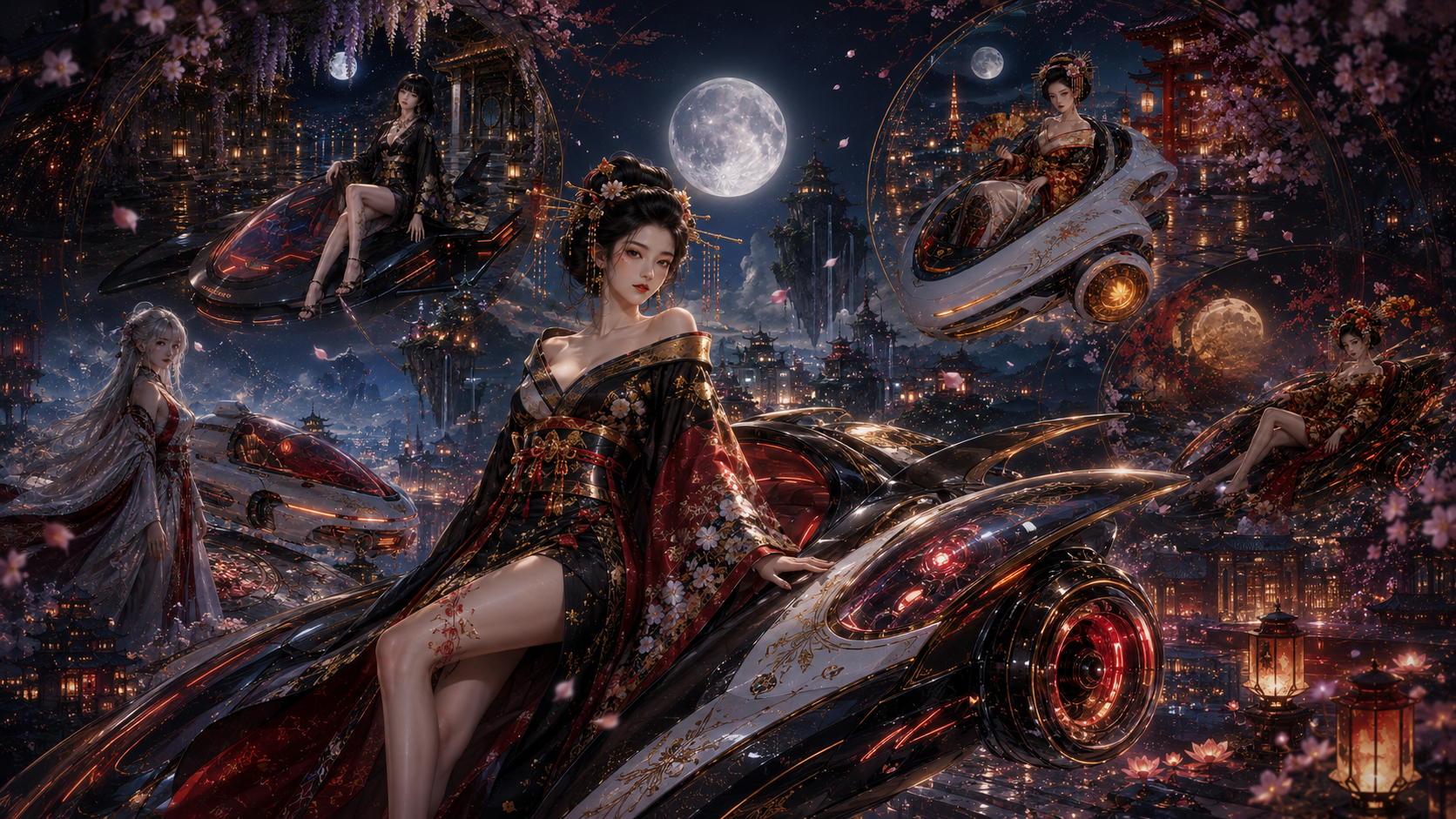 月夜の桜と未来花魁たち.png