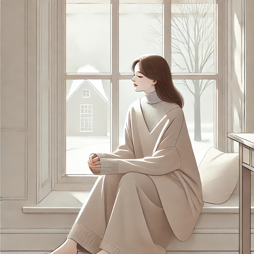 DALL·E 2026-01-03 12.11.21 - Soft and calm illustration of a quiet early January morning. A woman sits by a large window, gazing outside peacefully. She wears modest, warm winter .jpg