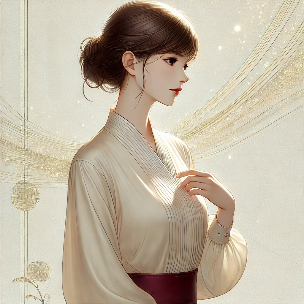 DALL·E 2025-12-14 23.06.20 - A realistic illustration (not anime-style) of a Japanese woman dressed in elegant Western-style clothing. She wears a blouse that modestly covers her .jpg
