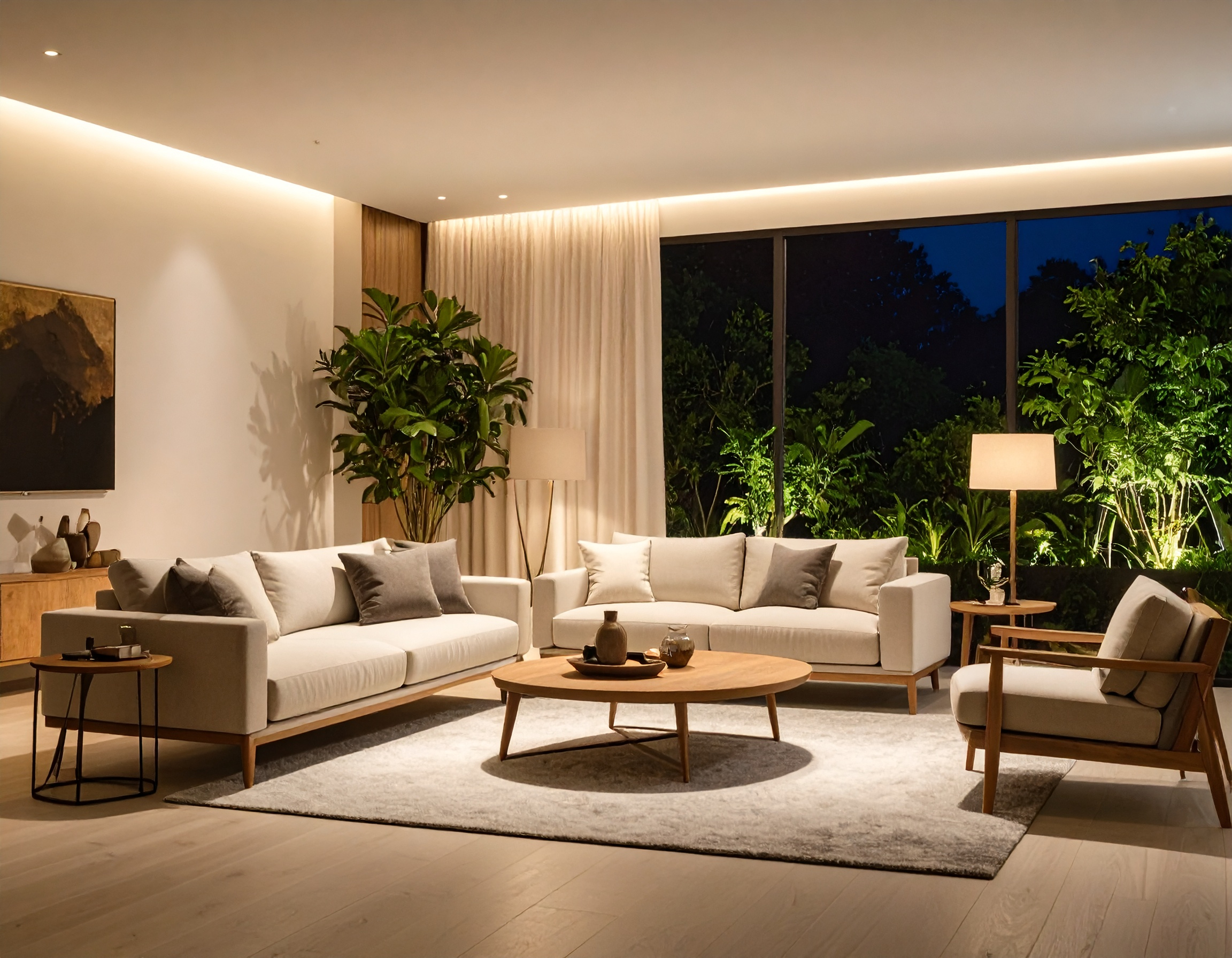 Firefly_曲線ライト、布シェード照明、間接照明の3つがそれぞれ空間に配置された、夜のくつろぎリビング。ナチュラルなインテリアの中に、光と影が美しく溶け合っている、落ち着いた室内風景 596708.jpg