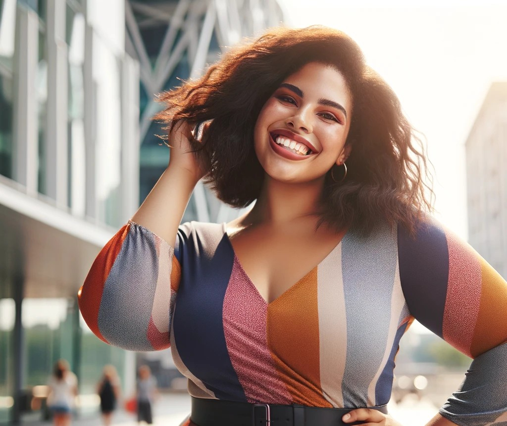 DALL·E 2025-04-25 03.57.28 - A confident and joyful plus-size female model standing proudly in a stylish outdoor urban setting. She is smiling brightly, radiating self-love and em.jpg