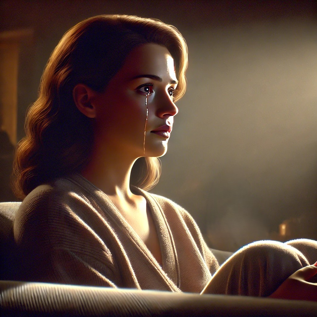 DALL·E 2025-11-26 15.42.33 - A realistic and emotional illustration of a woman sitting in a dimly lit living room, watching a movie. The light from the screen softly illuminates h.jpg